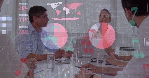 Business Meeting with Digital Data Visualization Overlays