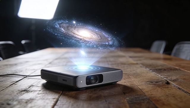 Compact projector projecting holographic spiral galaxy hovering above rustic wooden table