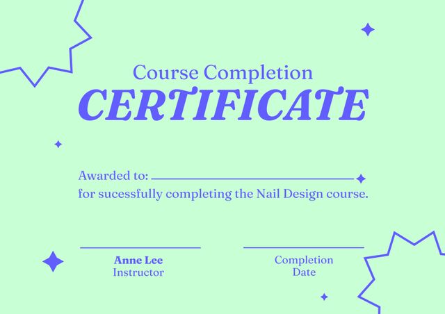 Vector image of a course completion certificate with a modern, minimalist design. Features a vibrant green background with geometric elements and purple text. Space for recipient's name, instructor's signature, and completion date. Ideal for educational institutions, nail design courses, beauty schools, or professional development programs to recognize achievements.