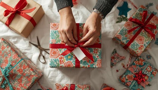 Tying red ribbon on floral gift box flatlay holiday gift wrapping and present prep ideas