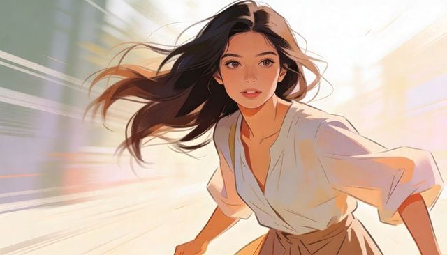 Running woman in white blouse and tied-waist skirt racing through sunlit urban corridor