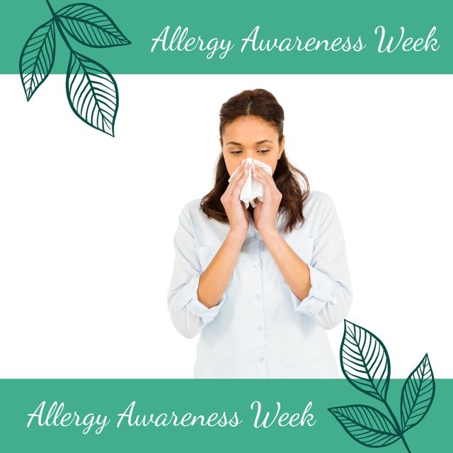 Allergy Awareness Week Concept with Woman Blowing Nose - Download Free Stock Templates Pikwizard.com