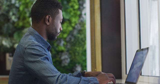 Focused African American Man Working on Laptop Overlooking Indoor Garden - Download Free Stock Images Pikwizard.com