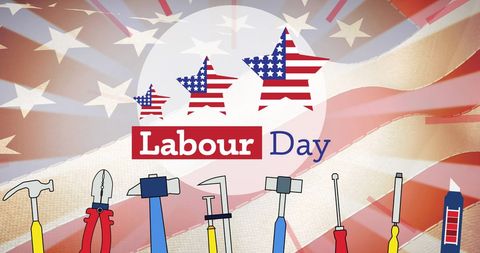 Labor Day Celebration with Tools and American Flag in Background