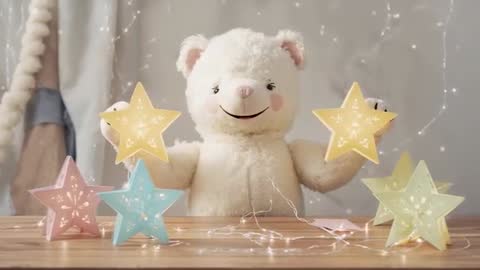Teddy Bear Arranging Star Lanterns on Nursery Table with Twinkling Fairy Lights