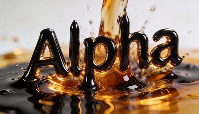 Pouring glossy amber liquid forming 3d alpha letters with golden splash macro