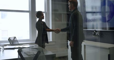 Handshake After Business Meeting in Modern Office Through Glass Wall