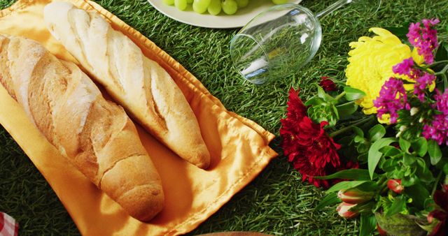 Image of fresh bread, grapes and wine on blanket and gingham tablecloth with copy space on grass. Picnic day, leisure time, alfresco eating and lifestyle concept.