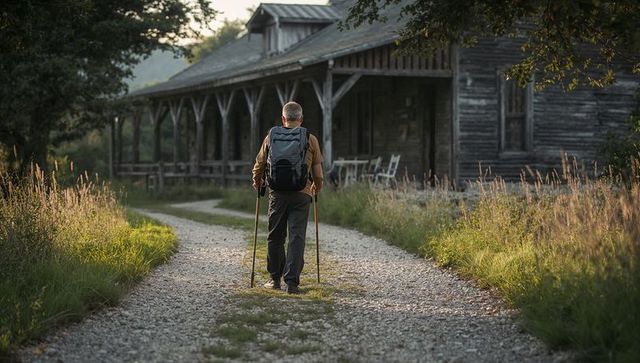 Senior hiker walking toward weathered country porch at golden hour on gravel trail