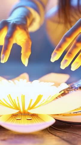 Hands Reaching Over Glowing Lotus LED Lamp Petals Revealing Warm Ambient Glow Vertical Video