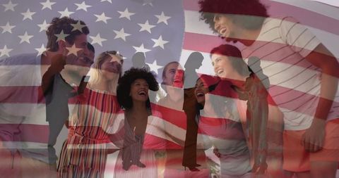 Diverse friends gathers indoor celebrating under us flag overlay