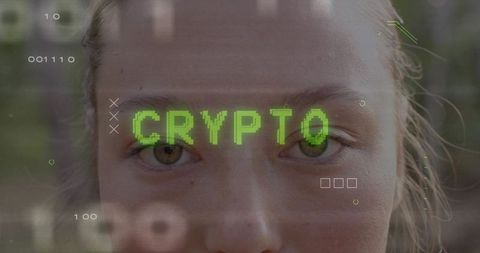 Young woman staring directly with crypto hud overlay, futuristic digital interface