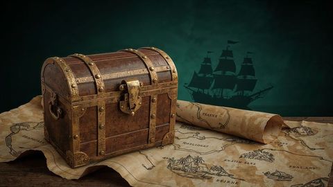 Vintage treasure chest with nautical map and sailing pirate ship silhouette