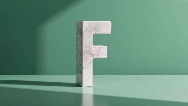 Marble Letter F on Elegant Green Surface with Light Reflection