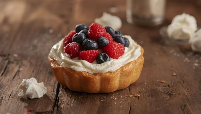 Rustic berry tart topped with whipped cream, fresh raspberries and blueberries