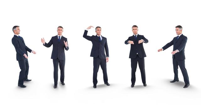 Digital composite of Multiple image of businessman gesturing against white background