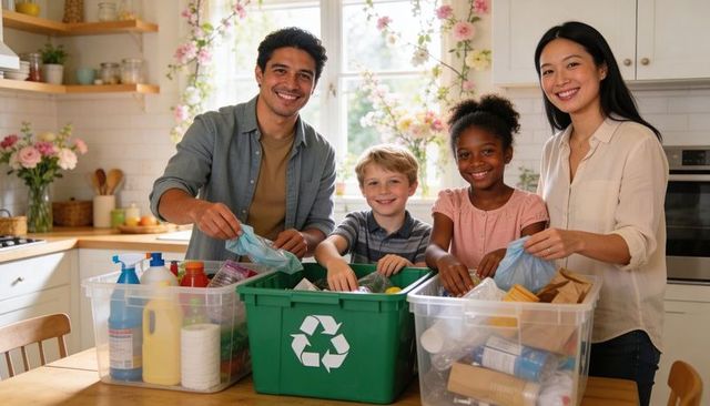 Family sorting recyclables in bright kitchen smiling together for eco-friendly lifestyle