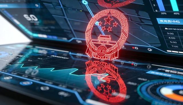 Holographic chinese national emblem projected over futuristic financial data dashboard