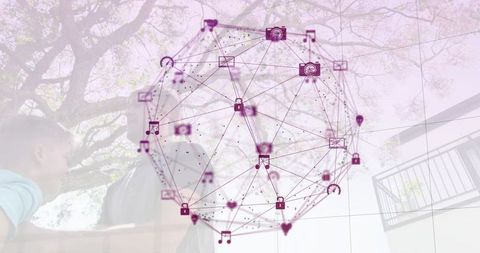 Father and son leaning on balcony with purple network globe overlay showing connectivity
