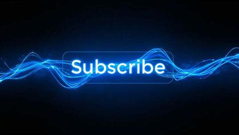 Glowing subscribe button emitting neon blue waves and sparkling light particles