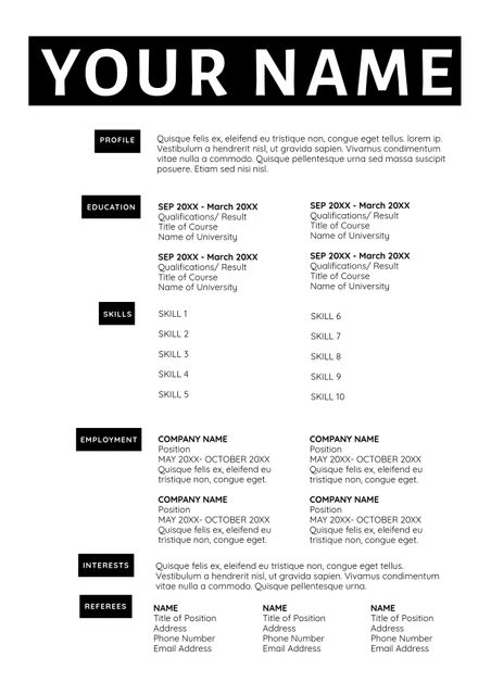 This clean and structured resume template focuses on clarity and directness, making it ideal for professionals across various fields. It includes clearly defined sections for profile, education, skills, employment, interests, and references, ensuring that all relevant information is presented in an organized manner. Perfect for job applications, seeking career advancement, or professional networking. Customizable to tailor-fit individual credentials and experiences, this resume template is well-suited for both entry-level candidates and experienced professionals.