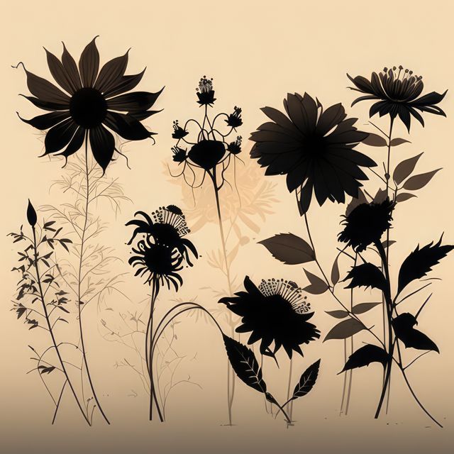 This illustration features elegant black silhouettes of various wildflowers on a beige background, creating a sophisticated and artistic look. Ideal for botanical illustrations, home decor, posters, greeting cards, and invitations. Perfect for adding a touch of nature and elegance to design projects.