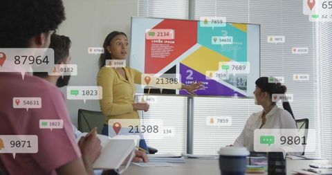 Presenter pointing at colorful data during collaborative business meeting with ar overlays