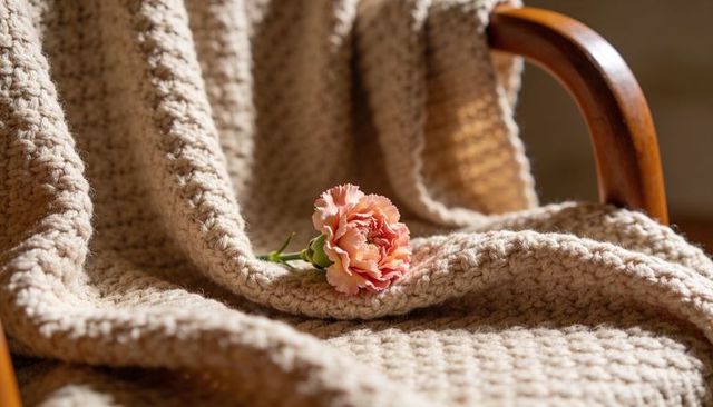Peach carnation resting on chunky knit throw draped over wooden armchair, warm sunlight