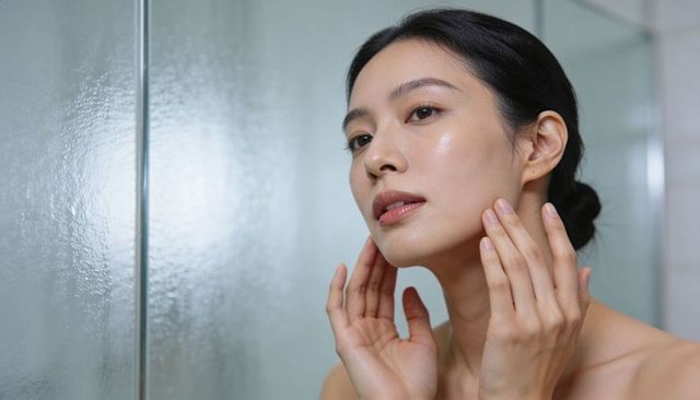 Woman touching glowing skin during facial skincare routine in bathroom mirror close-up