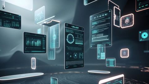 Holographic displays with data in futuristic control room