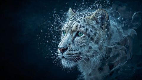 Mystical snow leopard with teal eyes in surreal mist