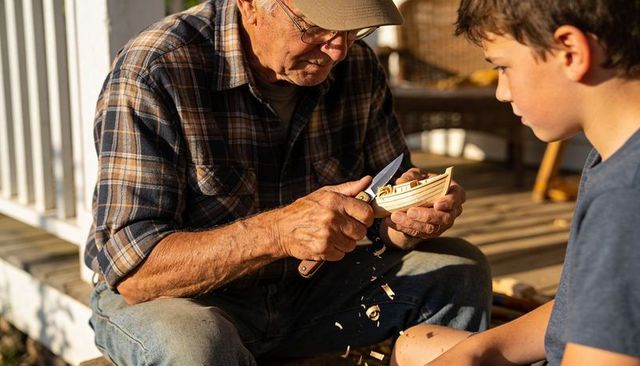 Senior man whittling wooden boat on sunlit porch steps while boy watches