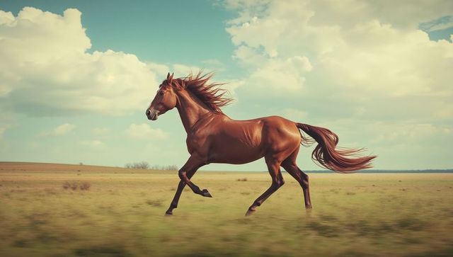 Chestnut Horse Galloping Across Grassland Under Cloudy Sky