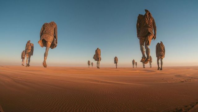 Mystical sculptures hovering over desert sand dunes