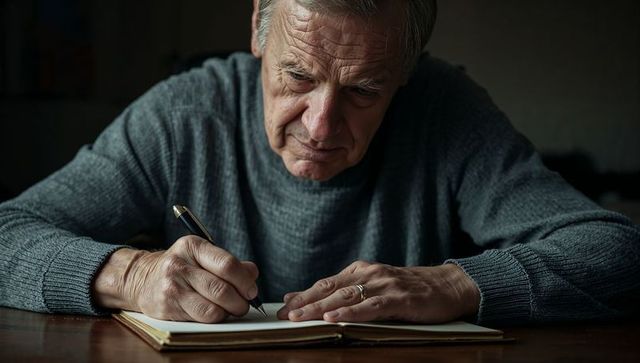 Senior man writing in notebook, leaning over wooden table, moody introspective moment
