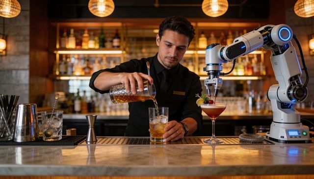 Craft mixology bartender pouring cocktail while robotic arm garnishing coupe in upscale bar