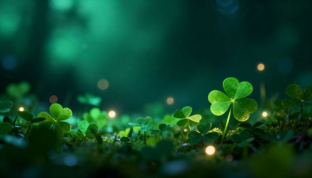 Backlit Shamrock Glowing in Dewy Moss with Bokeh Orbs and Magical Green Atmosphere
