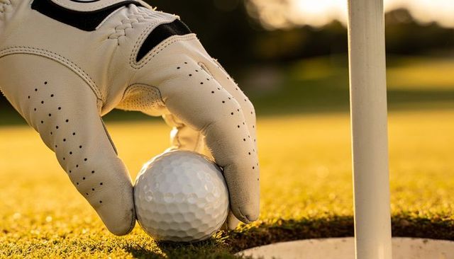 Placing golf ball on putting green at golden hour with gloved hand and flagstick