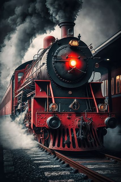 Black steam train on tracks over dark clouds, created using generative ai technology. Transport, travel and train, digitally generated image.