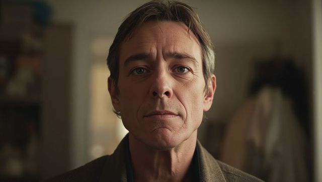 Middle-aged man facing camera holding neutral expression in warm home hallway portrait