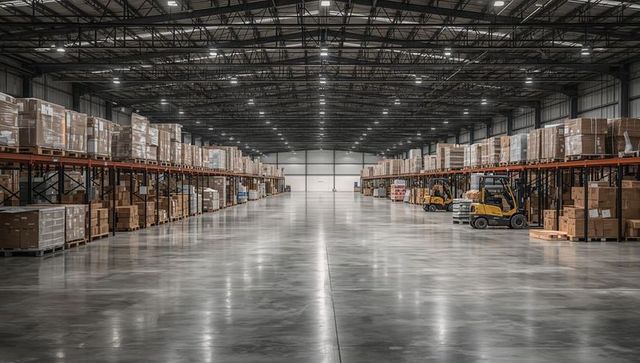 Polished concrete aisle reflecting lights in spacious warehouse pallet racking and forklifts