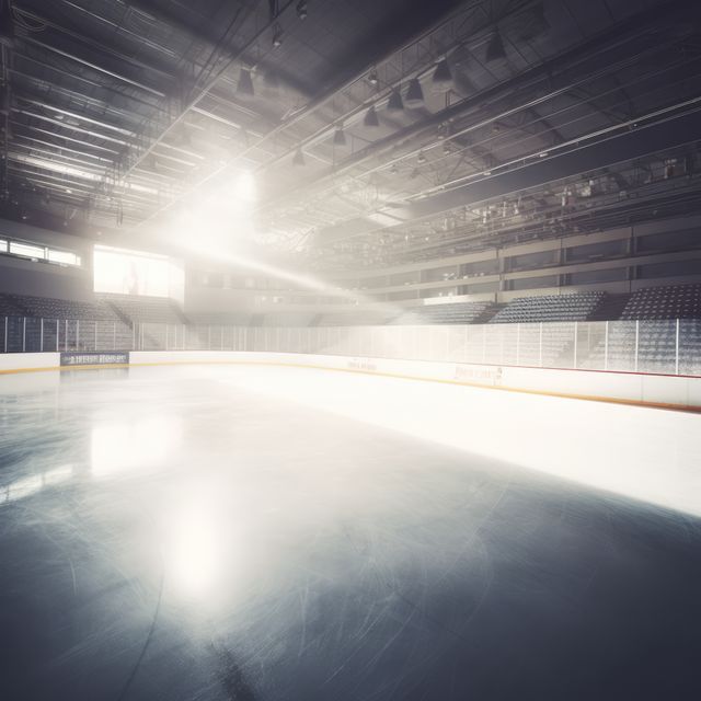 An empty ice hockey rink bathed in sunlight, with copy space. Sunbeams illuminate the glossy ice surface and empty stands, evoking anticipation for the next big game.