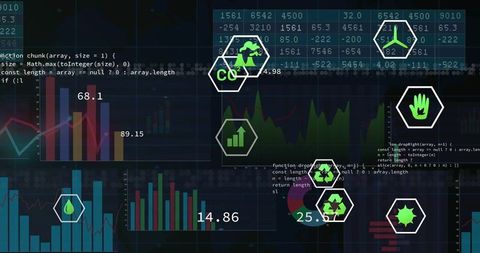 Neon sustainability dashboard displaying multi-chart analytics with eco hex icons and code