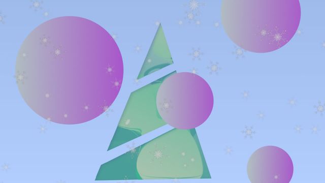 This digital design features an abstract Christmas tree made of colorful geometric shapes, with glowing snowflakes gently falling. Ideal for use in holiday greeting cards, festive invitations, or as a creative background for holiday-related content on social media and websites.