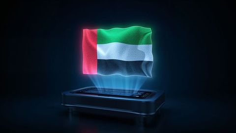 Holographic uae flag projecting from futuristic device with blue light beams
