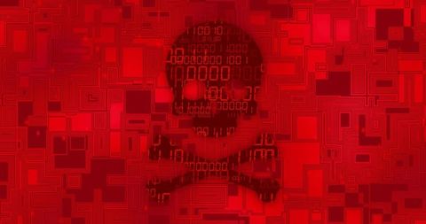 Red cyber skull-and-crossbones warning over binary matrix glitch conveying malware threat