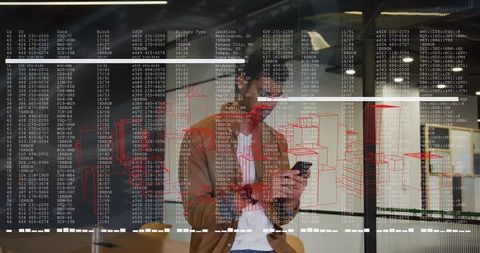 Executive Viewing Augmented Data Visualization on Glass Wall in Modern Office Meeting Room