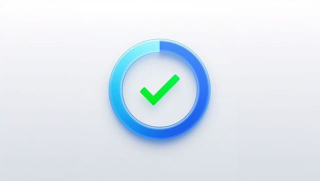 Glossy blue progress ring confirming success with vibrant green check mark for ui