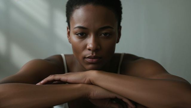 Contemplative woman resting chin on folded forearms, short-hair portrait in soft light