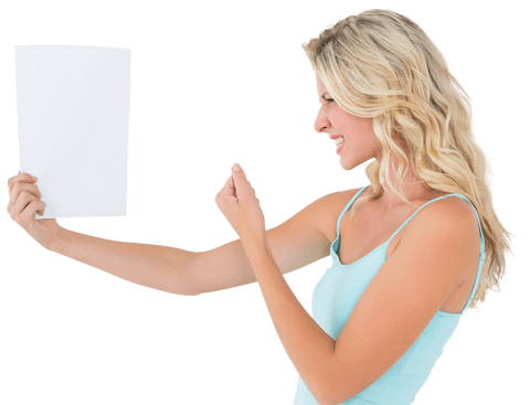 frustrated blonde woman holding blank sheet with discontent - Download Free Stock Videos Pikwizard.com